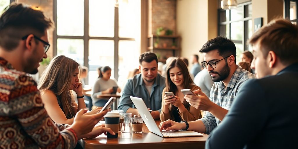 People engaging with devices in a lively coffee shop.