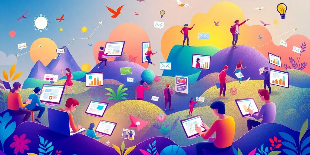 Diverse people engaging with different devices in digital landscape.