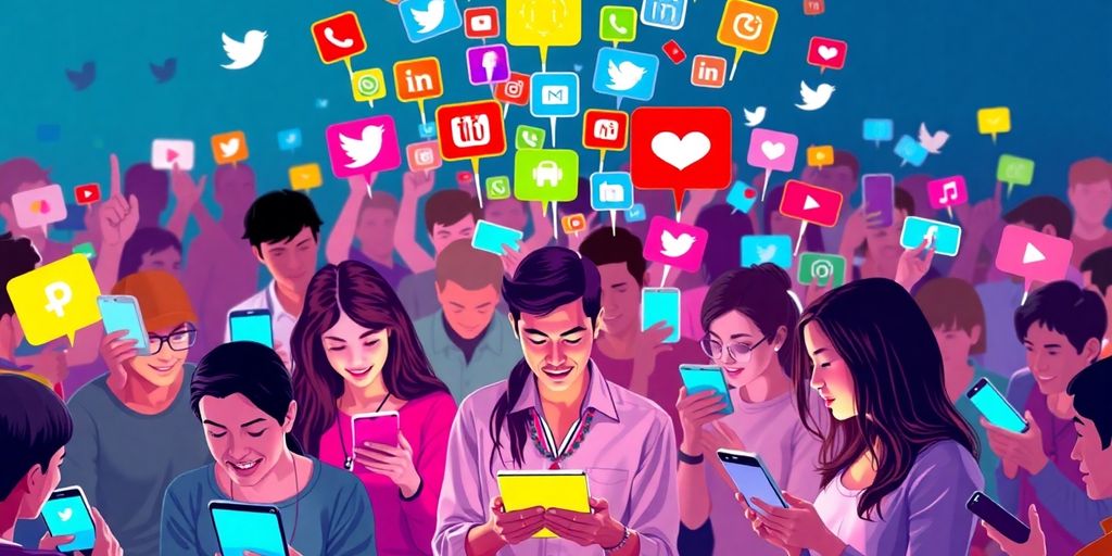 Diverse people engaging with devices and social media icons.