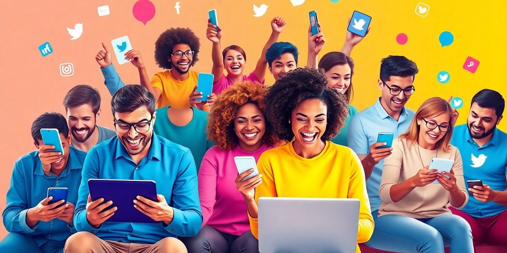 Group of people using social media on devices.
