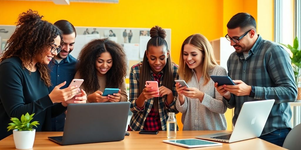 Diverse people collaborating on social media marketing strategies.
