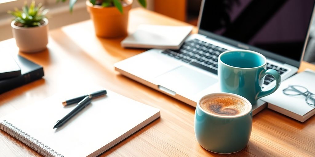 Workspace with laptop, notebook, and coffee cup.