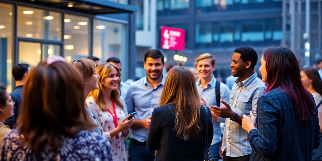 Diverse group interacting in a modern urban setting.