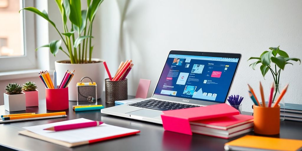 A bright workspace with a laptop and colorful stationery.