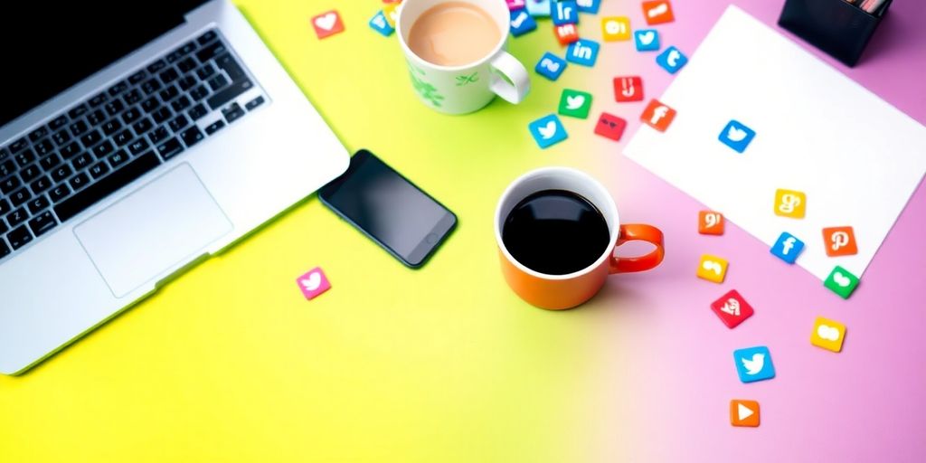 A workspace with social media icons and devices.