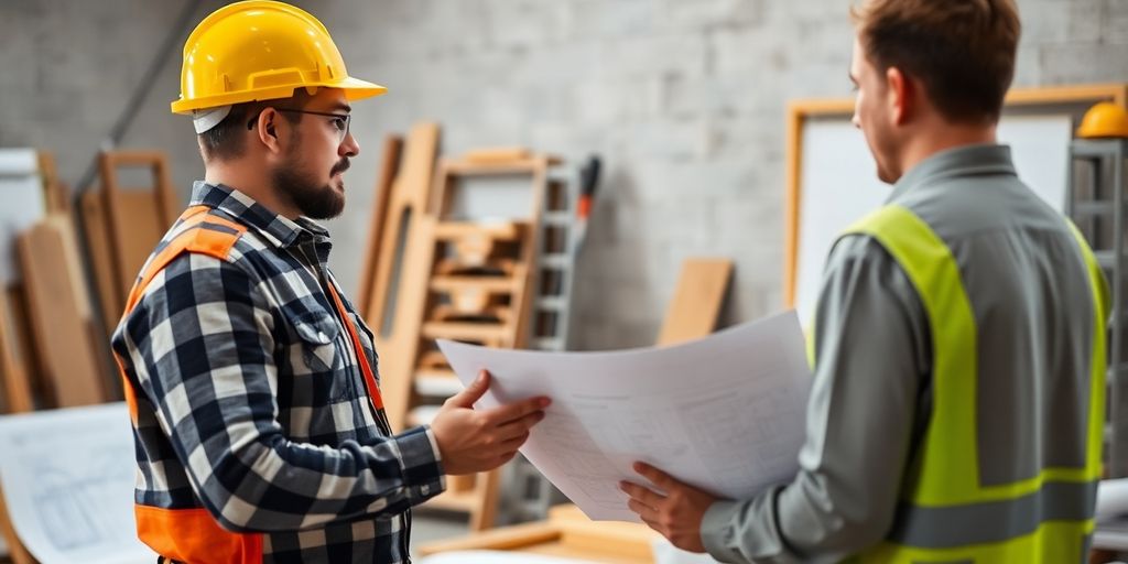 Contractor meeting with buyer over blueprints and tools.