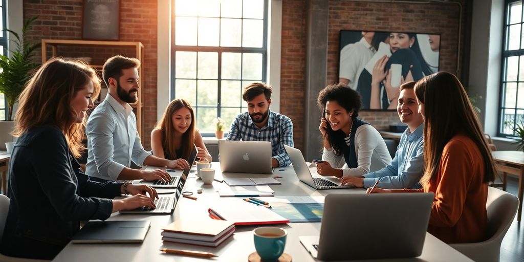 Group of entrepreneurs collaborating in a bright workspace.