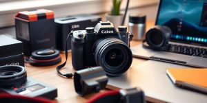 Camera and laptop in a creative photography workspace.