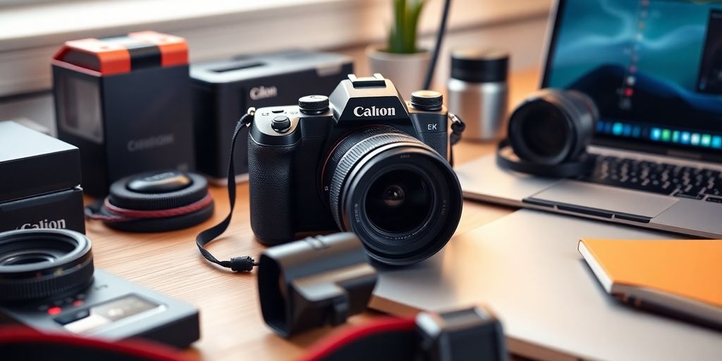 Camera and laptop in a creative photography workspace.