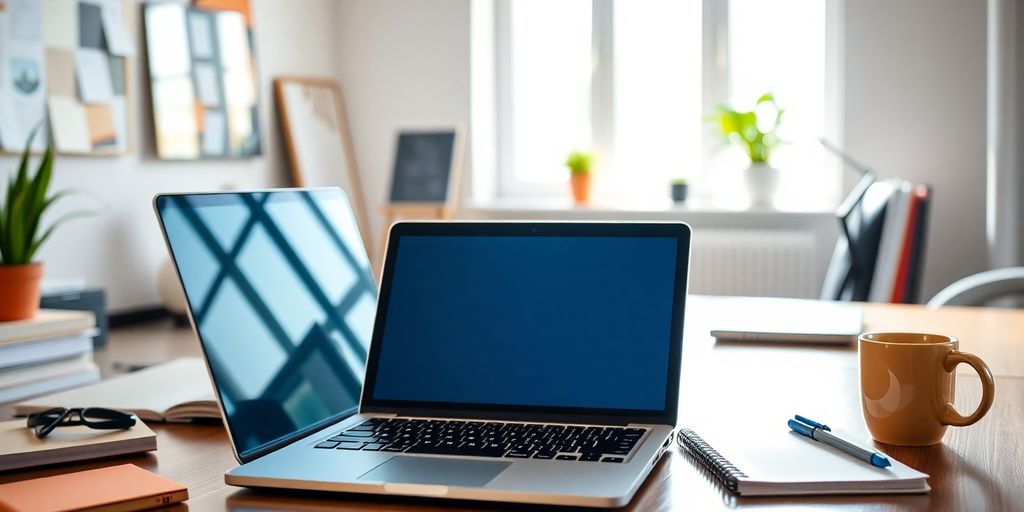 Modern workspace with laptop and coffee cup.