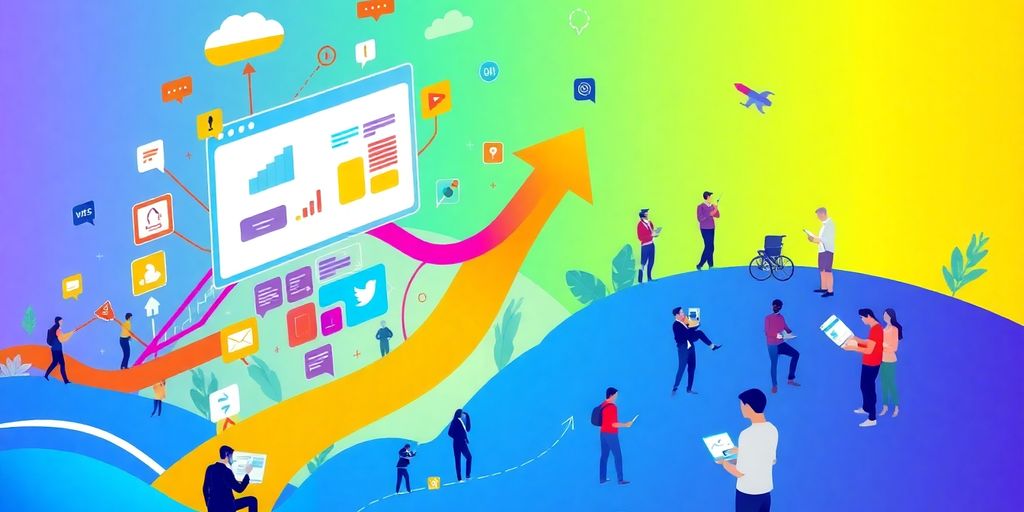 Colorful digital landscape with users engaging on devices.