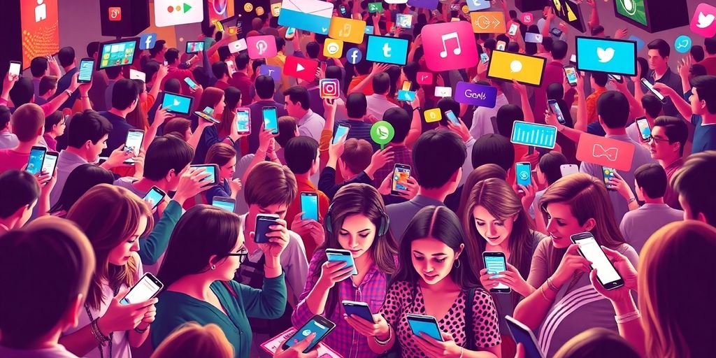 People interacting with devices in a social media setting.
