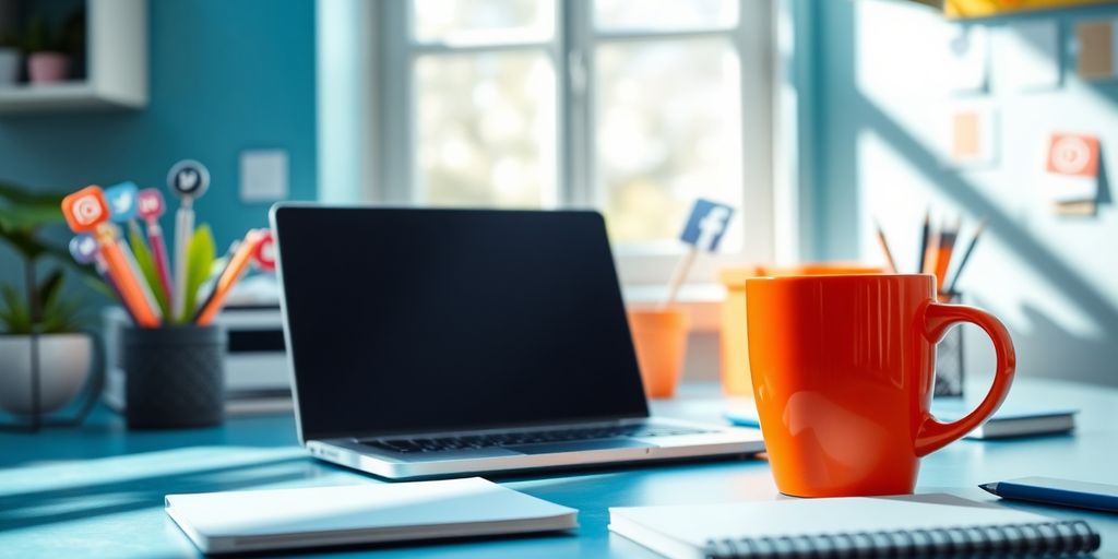 A workspace with a laptop and coffee cup.