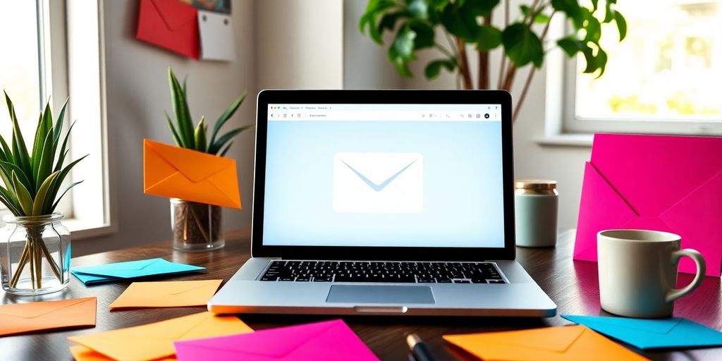 Laptop with emails, envelopes, and coffee in workspace.