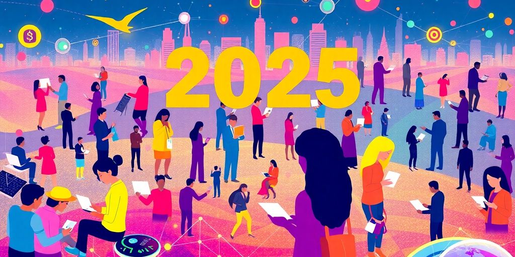 Diverse people engaging with technology in a digital landscape.