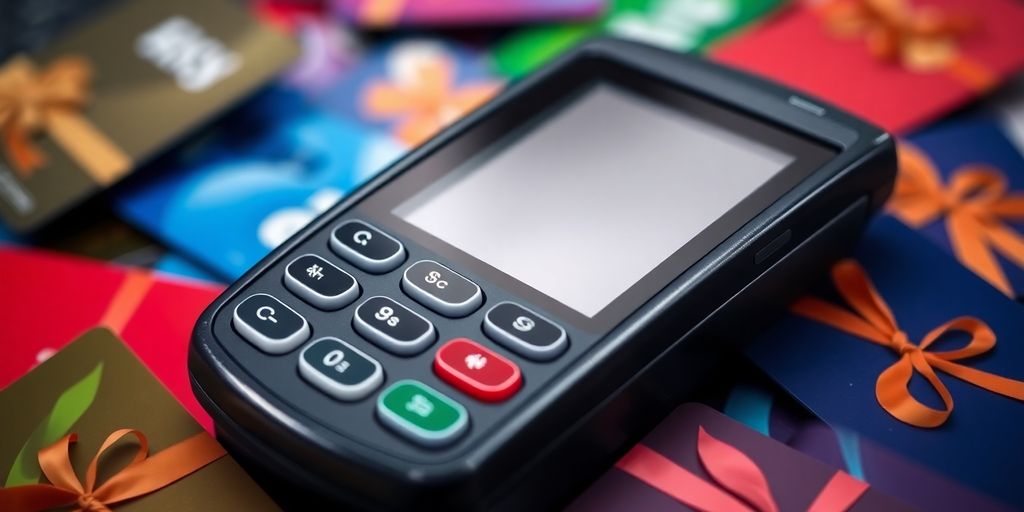 Payment terminal with gift cards around it.