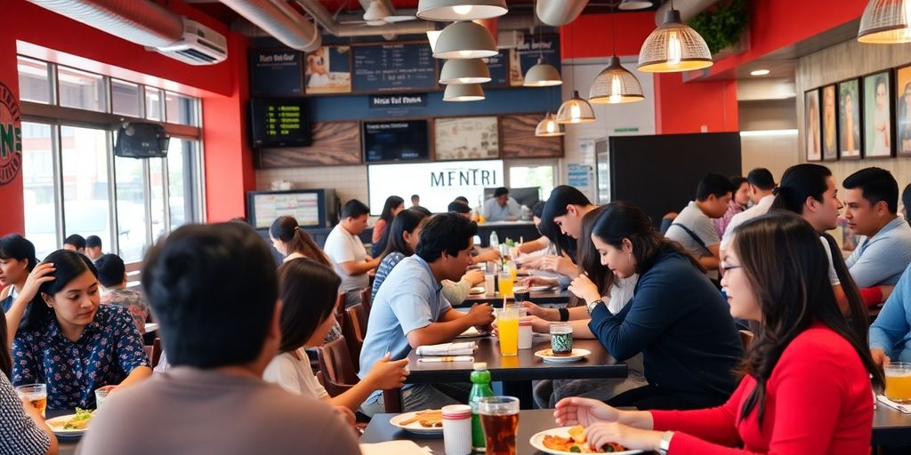 Diverse diners enjoying food in a lively restaurant setting.