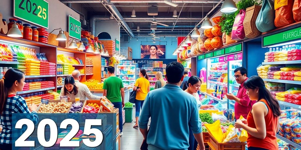 Colorful marketplace with diverse products and engaged customers.