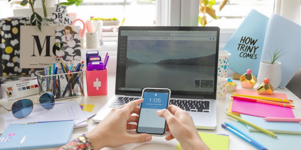Colorful workspace with laptop and smartphone for social media.