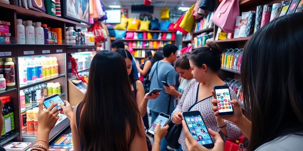 Small retail shop with customers using smartphones for shopping.