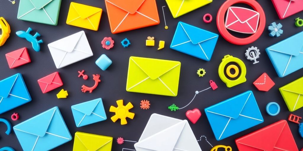 Colorful email icons and marketing elements in a modern design.