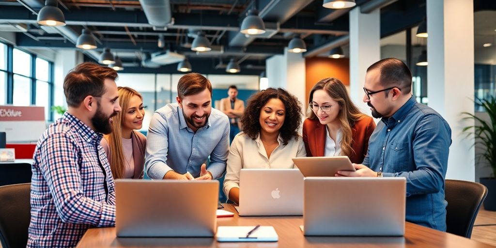Group of franchise owners collaborating in a modern office.