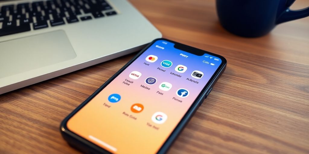 Smartphone with online payment apps in a cozy workspace.