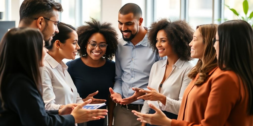 Professionals discussing ideas in a modern office setting.