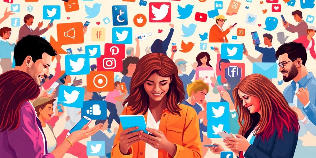 Diverse people interacting with social media on devices.