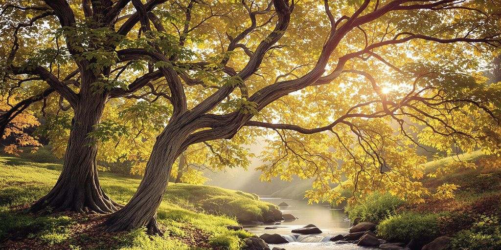 Intertwined trees in a serene landscape symbolizing connection.