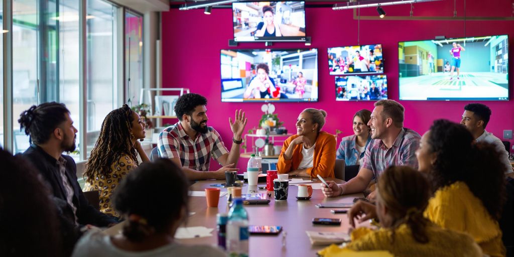 Group discussing video marketing strategy, colorful and engaging.