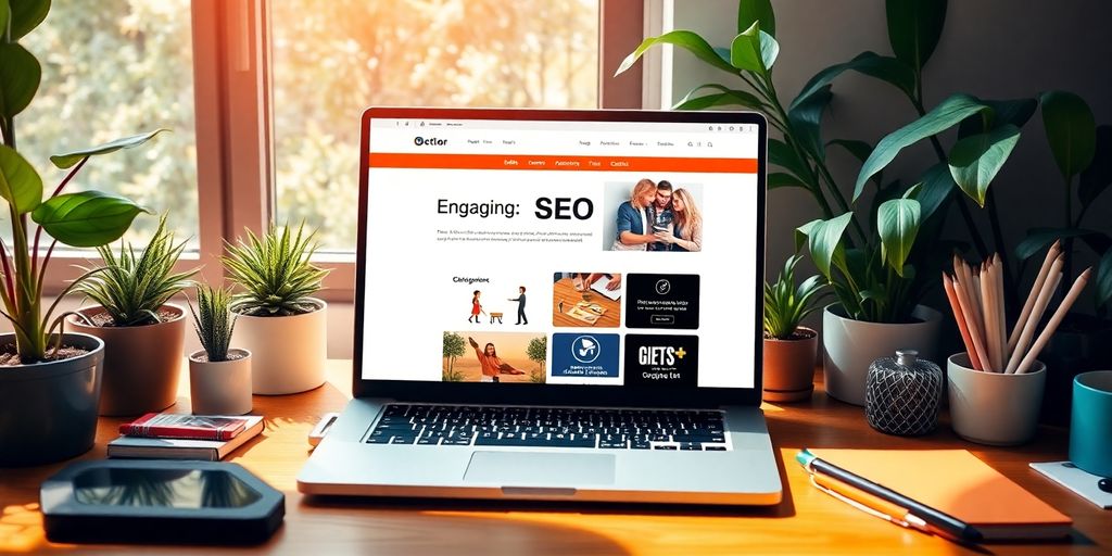 Laptop on desk with engaging website layout and plants.