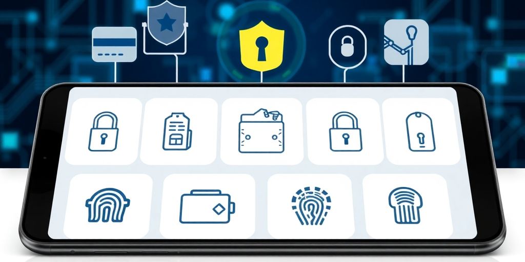 Digital device with secure payment icons and symbols.