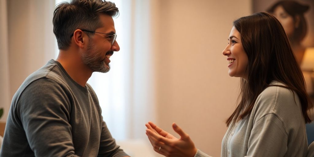 Two people in conversation, displaying trust and connection.