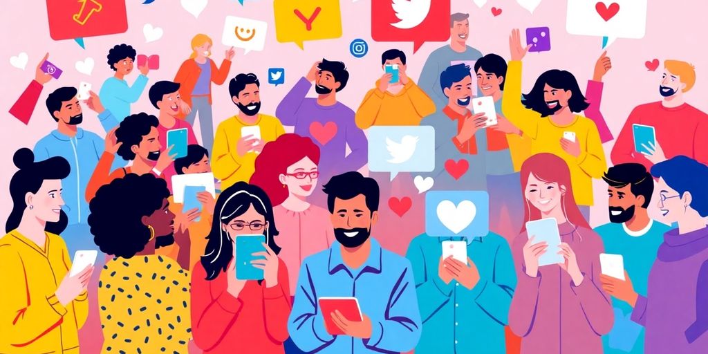 Diverse people engaging on social media with devices.