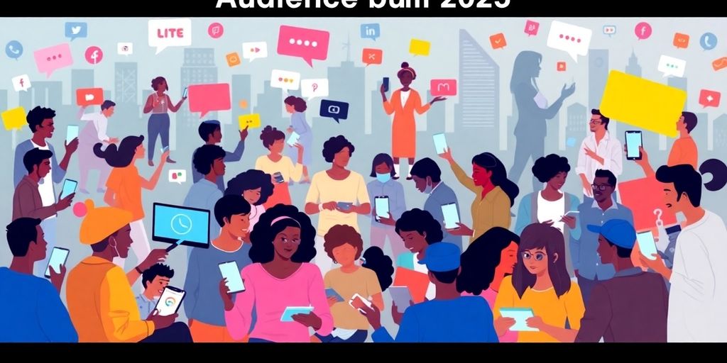 Diverse people engaging with social media on devices.