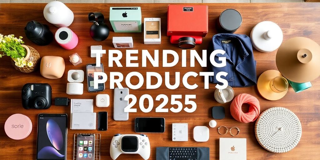 Colorful array of 2025 trending products on a table.