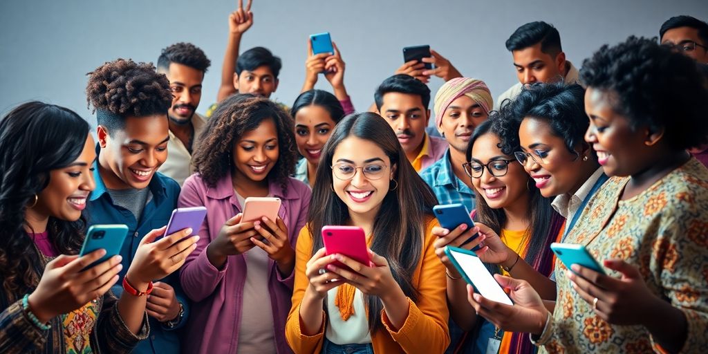 People engaging with smartphones in a vibrant social media scene.