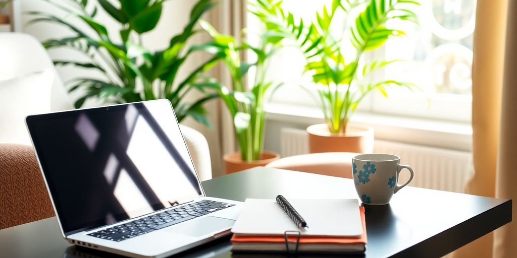 Home office with laptop and plants for online business.
