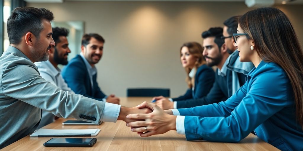Diverse professionals shaking hands in a tense meeting.