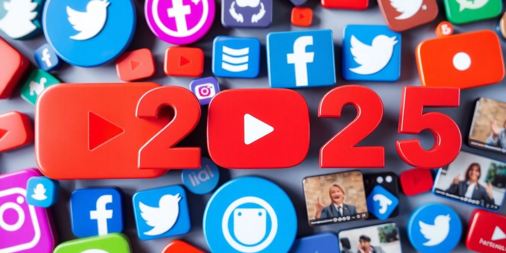 Colorful social media icons and YouTube elements in vibrant design.