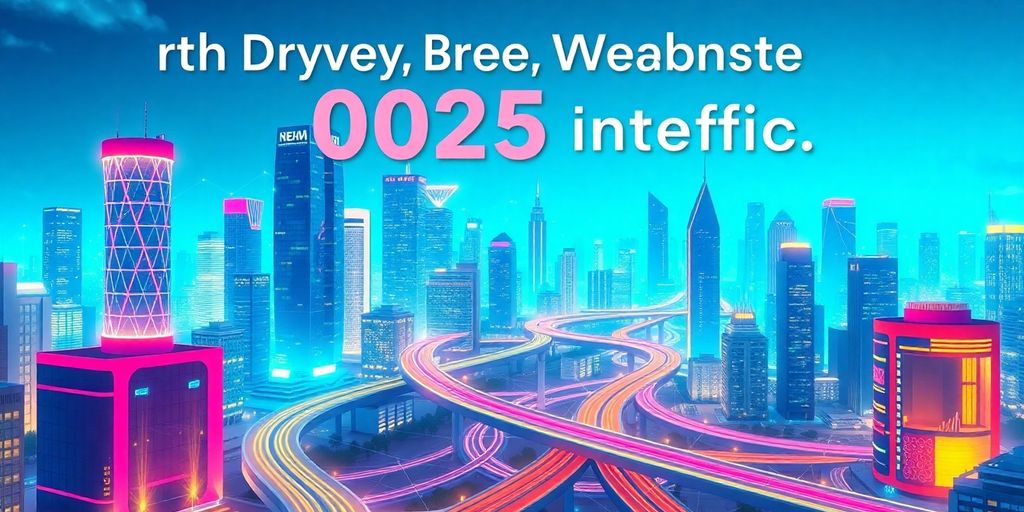 Futuristic cityscape with digital marketing elements integrated.