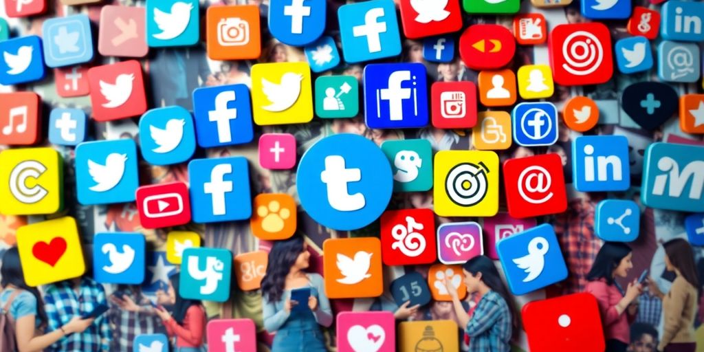 Diverse social media icons with people using mobile devices.