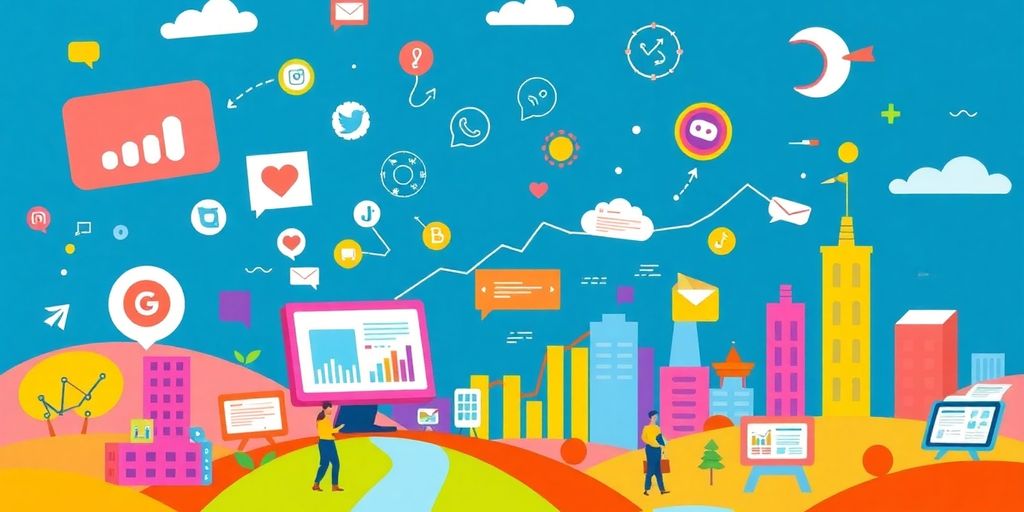 Vibrant digital scene depicting online traffic strategies and activities.