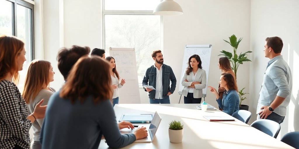 Group of entrepreneurs collaborating in a bright office setting.