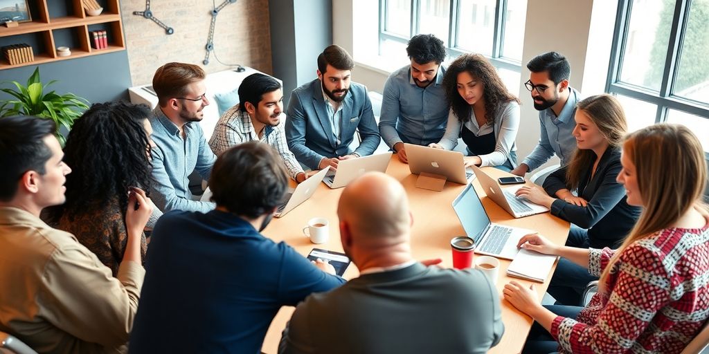 Group of entrepreneurs collaborating in a bright office setting.