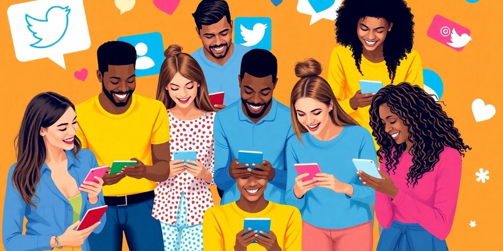 Group of people using different social media platforms creatively.