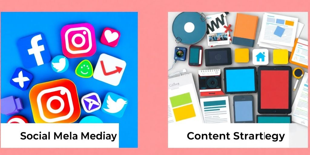 Social media icons and diverse content types side by side.