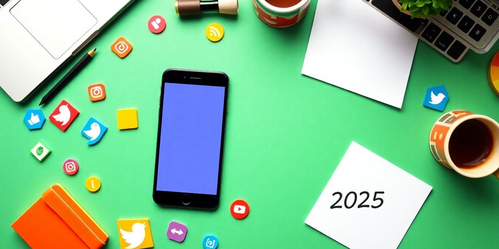 Smartphone, laptop, and social media icons on a table.