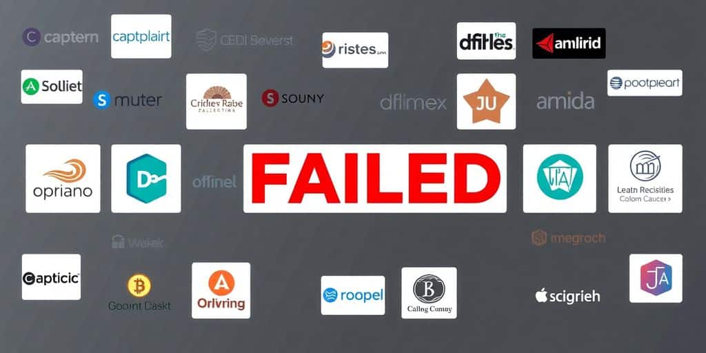 Collage of failed online business logos on a somber background.